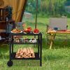 Outdoor Grill Cart Three-Shelf Grill Table, Movable BBQ Trolley Food Prep Cart with Two Wheels & Hooks, Black